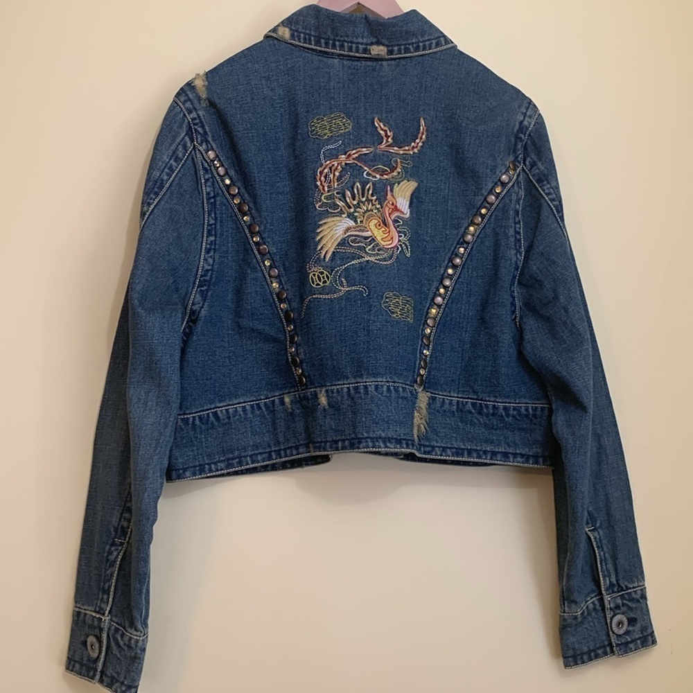Z. Cavaricci Y2K Denim Blue Jean Bird Embroidery Distressed Button Down Jacket 4